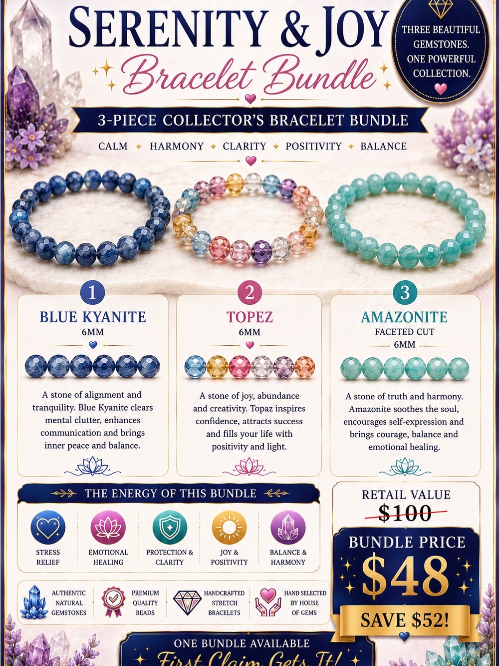 Serenity Multicolor Gemstone Bracelet Trio — Blue, Pink, Yellow, Green, Purple